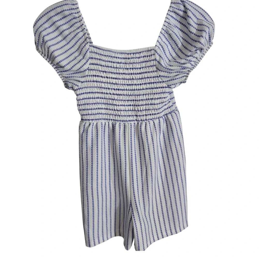 Primark Smocked Romper Girls 7-8 Blue‎ White Striped Excellent Puff Sleeve
